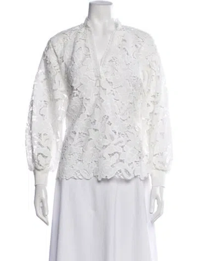 Pre-owned Alice And Olivia Lace Pattern V-neck Blouse In White