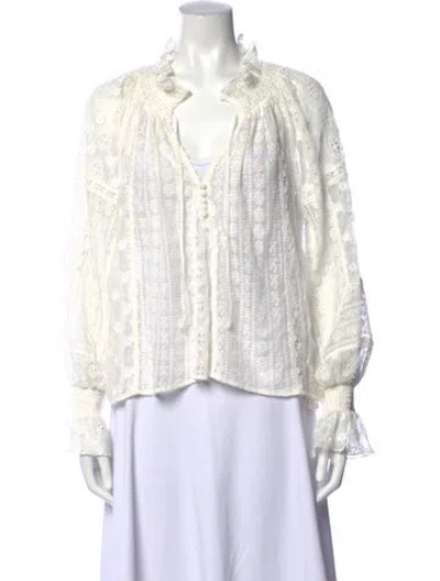 Pre-owned Alice And Olivia Lace Pattern V-neck Blouse In White