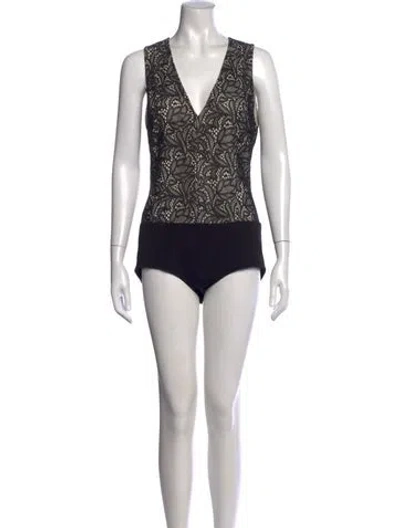 Pre-owned Alice And Olivia Lace Pattern V-neck Bodysuit In Black