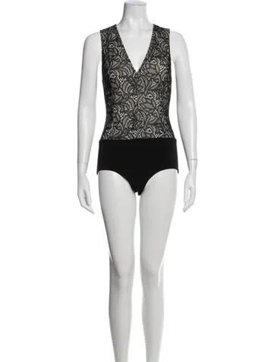Pre-owned Alice And Olivia Lace Pattern V-neck Bodysuit In White