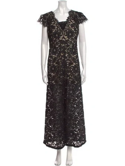Pre-owned Alice And Olivia Lace Pattern V-neck Jumpsuit In Black