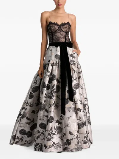 Alice And Olivia Lace-panelled Floral-jacquard Gown In Black