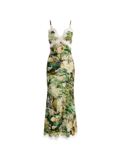 Alice And Olivia Lace-trim Landscape-print Maxi Slip Dress In Green