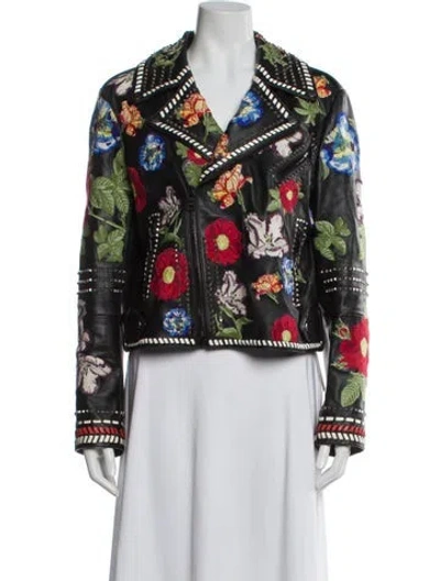 Pre-owned Alice And Olivia Lamb Leather Floral Print Biker Jacket In Black