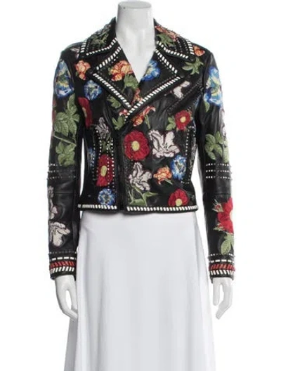 Pre-owned Alice And Olivia Lamb Leather Floral Print Biker Jacket In Black