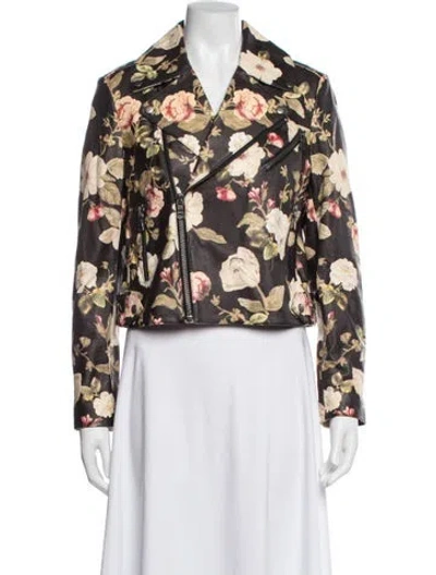 Pre-owned Alice And Olivia Lamb Leather Floral Print Biker Jacket In Brown