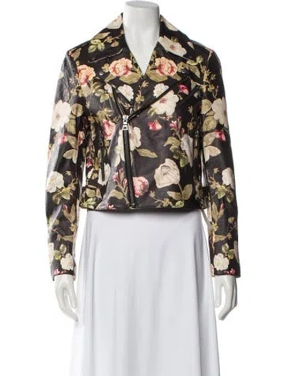 Pre-owned Alice And Olivia Lamb Leather Floral Print Biker Jacket W/ Tags In Brown