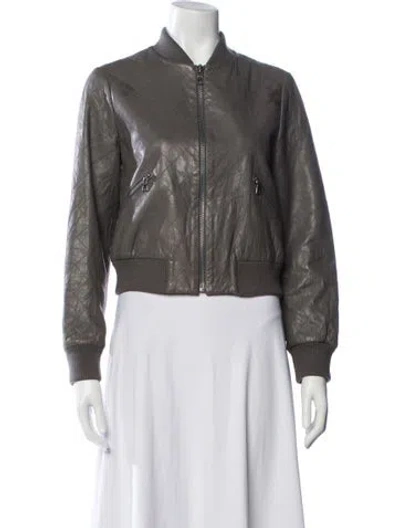 Pre-owned Alice + Olivia Lamb Leather Patterned Bomber Jacket In Grey