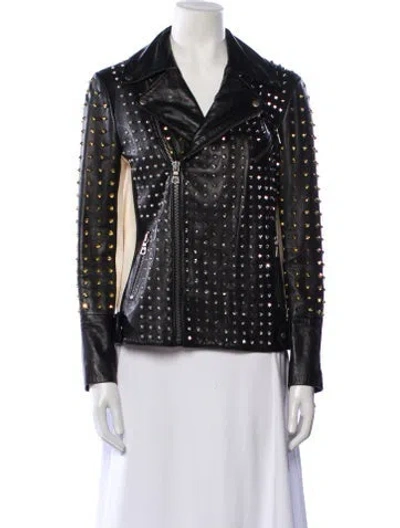 Pre-owned Alice And Olivia Lamb Leather Printed Biker Jacket In Black