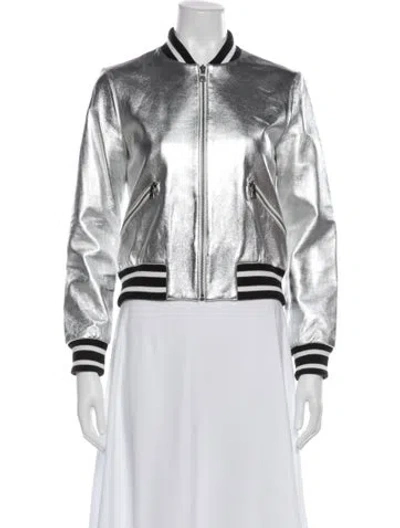 Pre-owned Alice And Olivia Lamb Leather Striped Bomber Jacket In Silver