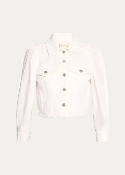 Alice And Olivia Lana Puff-sleeve Cropped Denim Jacket In White