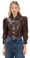 Alice And Olivia Lana Vegan Leather Puffed Sleeve Jacket Dark Chocolate In Brown
