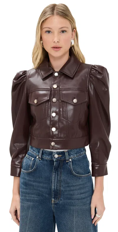 ALICE AND OLIVIA LANA VEGAN LEATHER PUFFED SLEEVE JACKET DARK CHOCOLATE