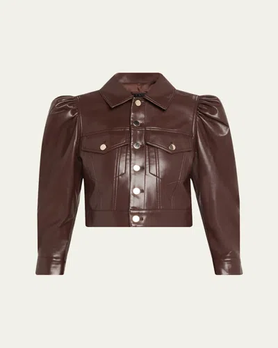 Alice And Olivia Lana Vegan Leather Puff-shoulder Jacket In Dark Chocolate