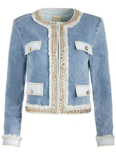 Alice And Olivia Landon Cropped Embellished Denim Jacket In Avery Blue