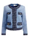 Alice And Olivia Landon Tweed-trimmed Denim Jacket In Blue