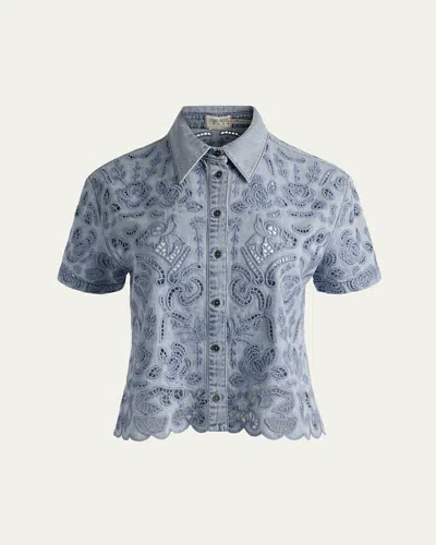 Alice And Olivia Lane Embroidered Denim Button-front Shirt In Blue