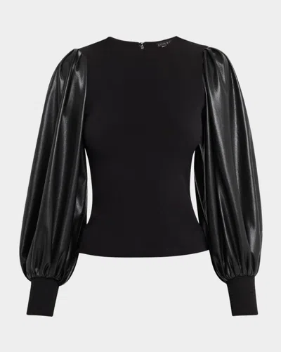 Alice And Olivia Latoria Crewneck Top With Vegan Leather Sleeves In Black