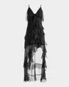 Alice And Olivia Laverne Asymmetrical Ruffle Silk-trim Dress In Black/off White Polk
