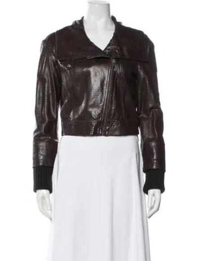 Pre-owned Alice And Olivia Leather Animal Print Biker Jacket In Brown