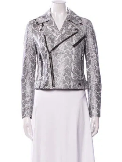 Pre-owned Alice And Olivia Leather Animal Print Biker Jacket In White