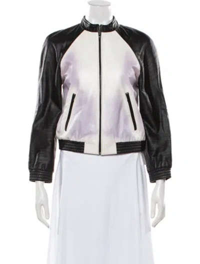 Pre-owned Alice And Olivia Leather Colorblock Pattern Bomber Jacket In Black