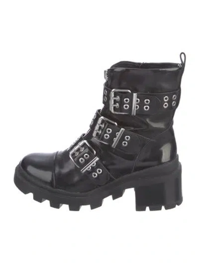 Pre-owned Alice And Olivia Leather Eyelet Trim Combat Boots In Black