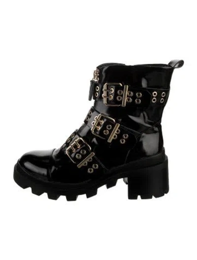 Pre-owned Alice + Olivia Leather Eyelet Trim Combat Boots In Black