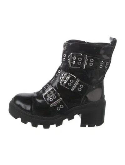 Pre-owned Alice + Olivia Leather Eyelet Trim Combat Boots In Black