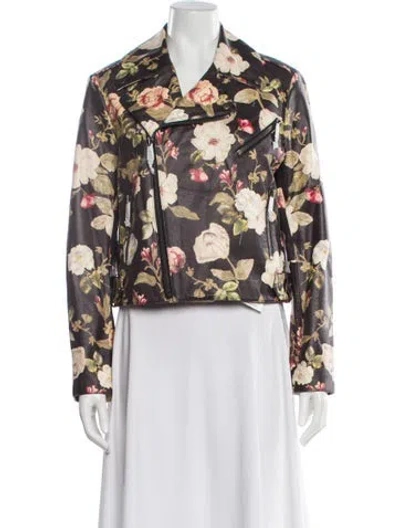 Pre-owned Alice And Olivia Leather Floral Print Biker Jacket In Black