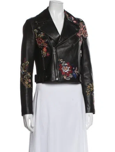 Pre-owned Alice And Olivia Leather Floral Print Biker Jacket In Black