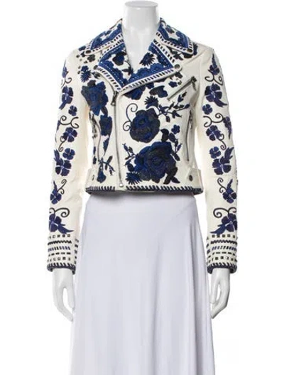 Pre-owned Alice And Olivia Leather Floral Print Biker Jacket In Neutral