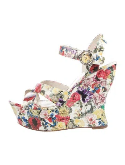Pre-owned Alice And Olivia Leather Floral Print Sandals In White