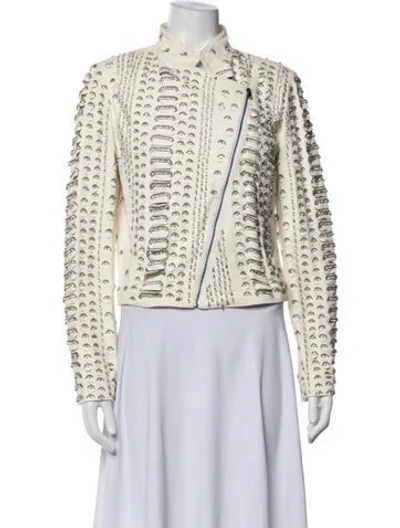 Pre-owned Alice And Olivia Leather Graphic Print Biker Jacket In Neutrals