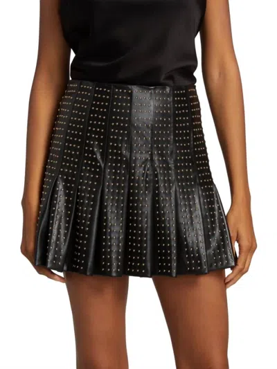 Alice And Olivia Leather Pleated Skirt With Gold Studs In Black