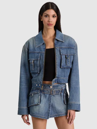 Alice And Olivia Leroy Denim Aviator Jacket In Blue