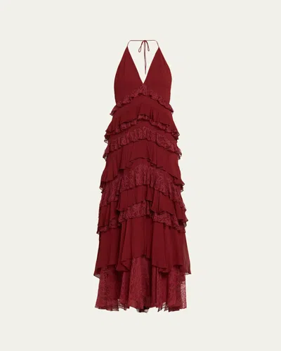 Alice And Olivia Liana V Neck Ruffle Maxi Dress Oxblood In Brown