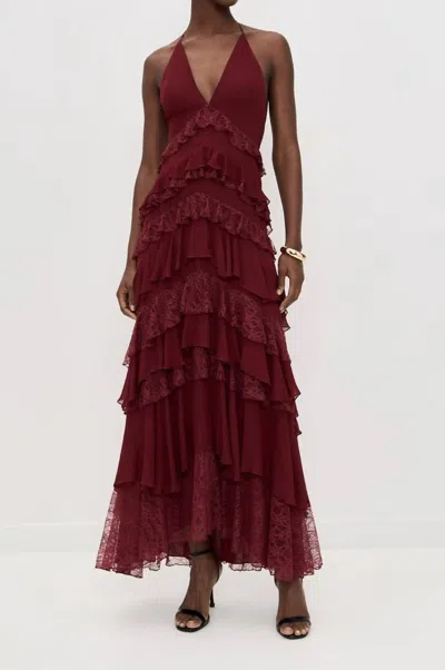 Alice And Olivia Liana V Neck Ruffle Maxi Dress In Red In Burgundy