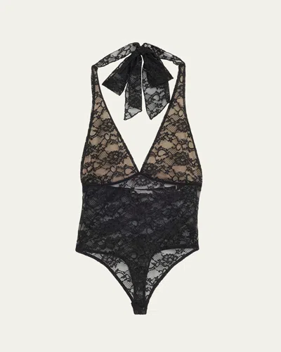 Alice And Olivia Lina Plunging V Lace Bodysuit In Black