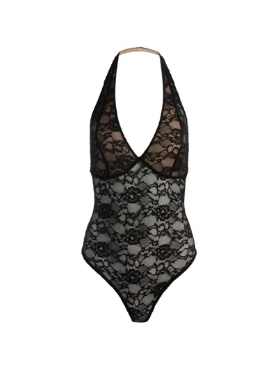 Alice And Olivia Lina Plunging V-neck Halter Lace Bodysuit In Black