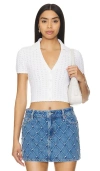 Alice And Olivia Linda Crop Pointelle Polo Sweater In 柔和白