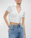 Alice And Olivia Linda Crop Pointelle Polo Sweater In Soft White