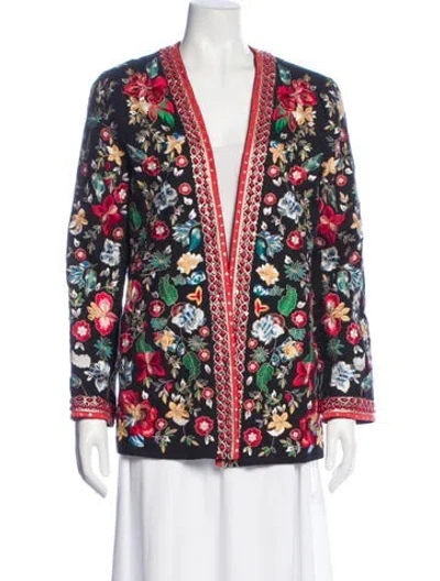 Pre-owned Alice And Olivia Linen Floral Print Blazer In Blue