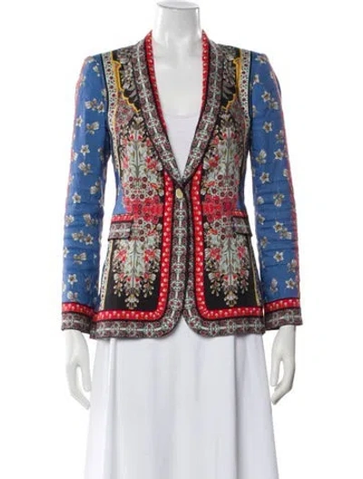 Pre-owned Alice And Olivia Linen Floral Print Blazer In Blue