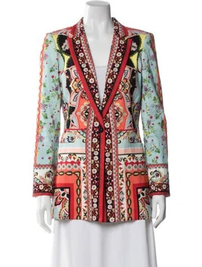Pre-owned Alice And Olivia Linen Floral Print Blazer In Blue