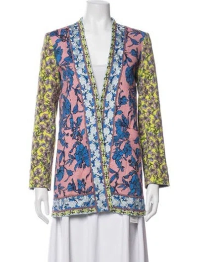 Pre-owned Alice And Olivia Linen Floral Print Blazer In Blue