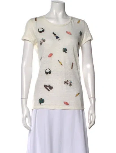 Pre-owned Alice And Olivia Linen Graphic Print T-shirt In White
