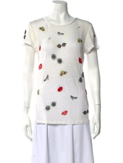 Pre-owned Alice And Olivia Linen Graphic Print T-shirt In White