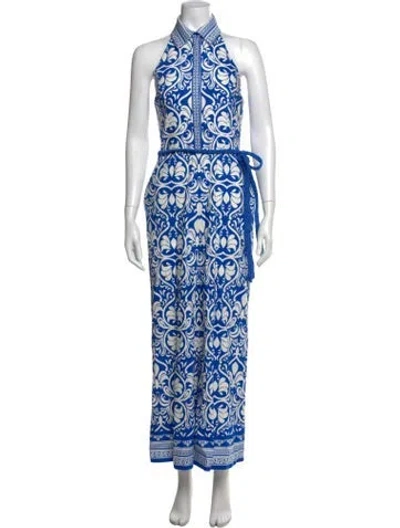 Pre-owned Alice And Olivia Linen Patterned Jumpsuit W/ Tags In Blue