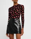 Alice And Olivia Delaina Long Sleeve Mesh Cropped Top Lip Sync Black In Lip Sync Black